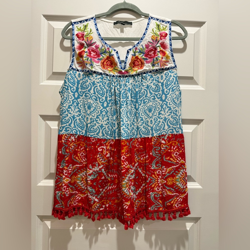 Colorblock Embroidered sleeveless top  bright colors boho